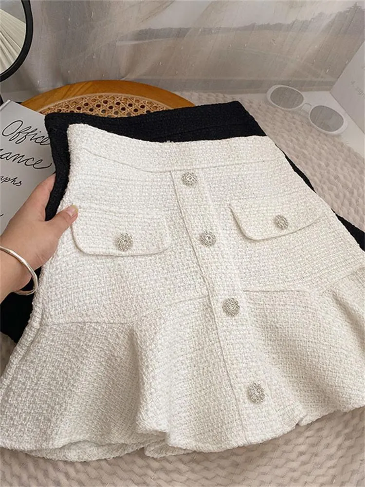 Dresses Yitimoky Tweed Skirts for Women High Waist White Skirt Autumn Winter 2022 Ruffles Korean Fashion Clothing Casual Aline Black