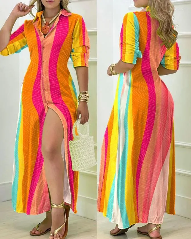 Robes décontractées femmes robe d'été 2023 mode rayé à manches longues boutonné Maxi chemise femme vêtements OTTD Y2K vêtements