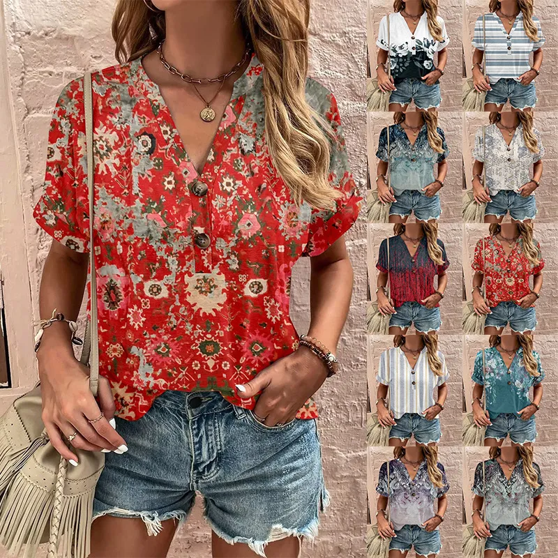 2023 New Short sleeve Trade Women's Amazon European and American top printing and twisting fashion short sleeved women