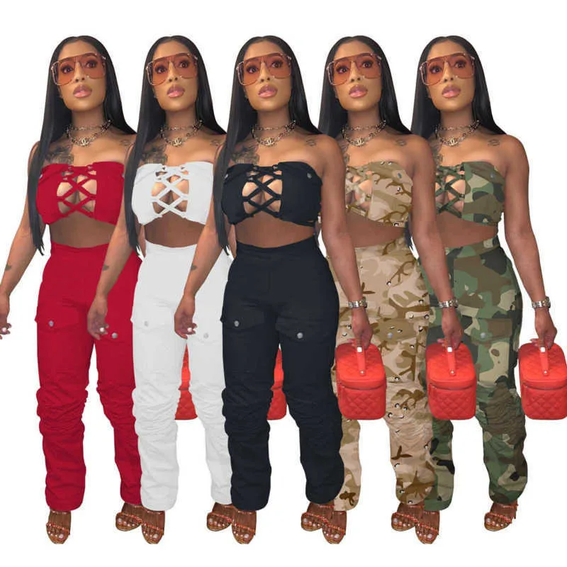 2023 Tasarımcı Kadınlar İki Parçalı Pantolon Set Yaz Giyim Yelek Kıyafet Üst ve Pantolon Kamuflaj Basılı Takım