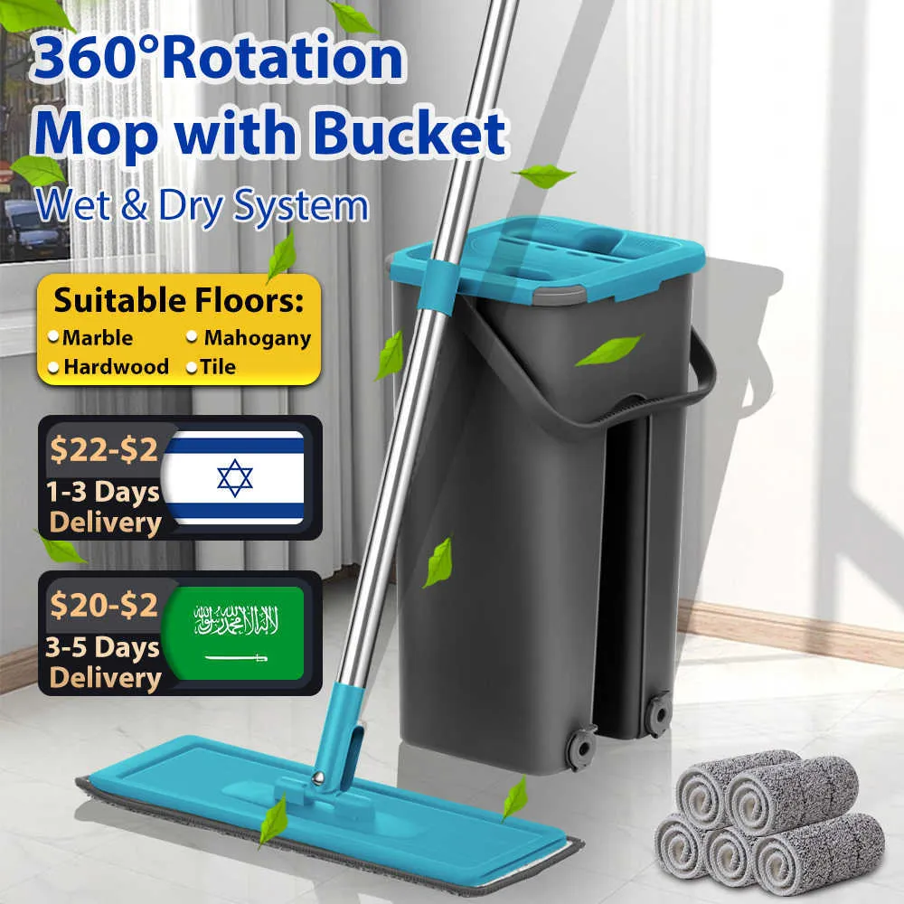 MOPS Flat Squeeze Mop med snurrhink Handfri Wringing Floor Cleaning Microfiber Mop Pads våt eller torr användning på lövlaminat Z0601