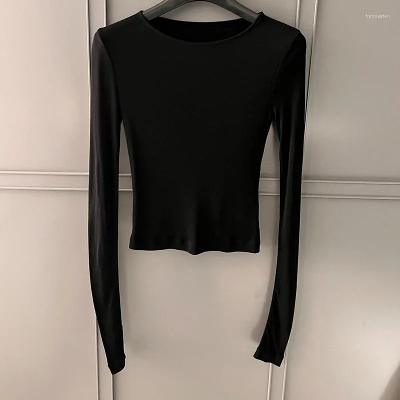 Damen-T-Shirts, Vintage-Stil, schwarz, Acetat-Satin, O-Ausschnitt, langärmelig, Tops, Frühling, Landebahn, Damen, schlank, elastisch, bequem, glatter Boden, lässig