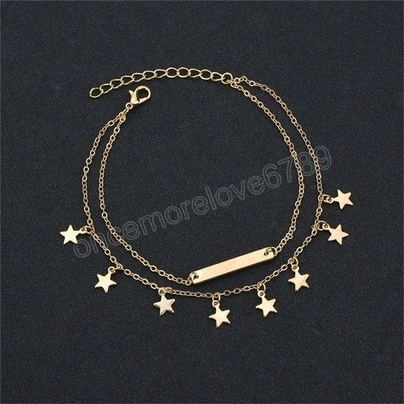 Boho Gold Star Pendant Ankel Armband Summerskikt Justerbar tofs fot Ankletter för kvinnor flickor brudsmycken