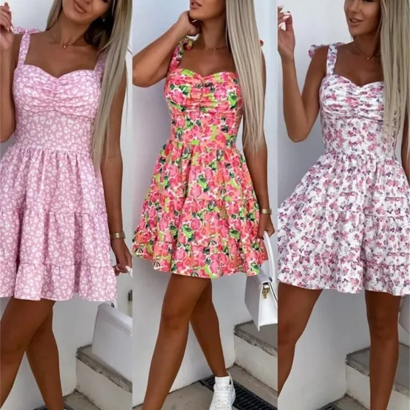 Grundlegende Freizeitkleider, Sommermode, kurzes Boho-Kleid, Damen-Minikleid mit Blumendruck, weiblich, ärmellos, hängender Gürtel, bedrucktes Taillenfaltenkleid 230531