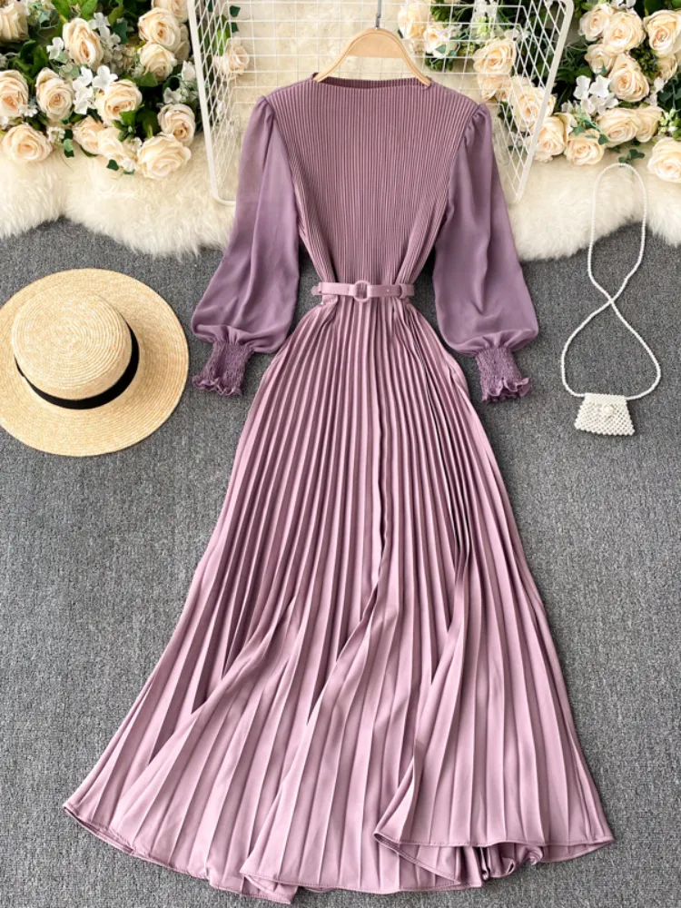 elegant casual long dresses Women's Elegant Frilled Crewneck Long Sleeve Pleated A-Line Flowy Casual Dresses with Pockets