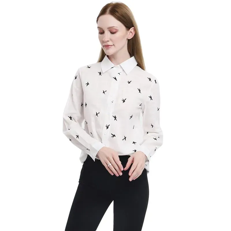 2023 décontracté à manches longues oiseaux imprimé chemises amples femmes coton lin Blouses hauts Vintage Streetwear grande taille 5XL