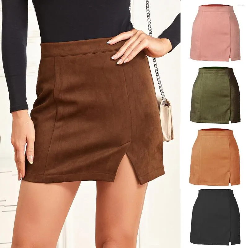 Saias femininas outono camurça envoltório quadril fenda saia elegante cintura alta design zíper aba inverno linha A cor sólida sexy mini