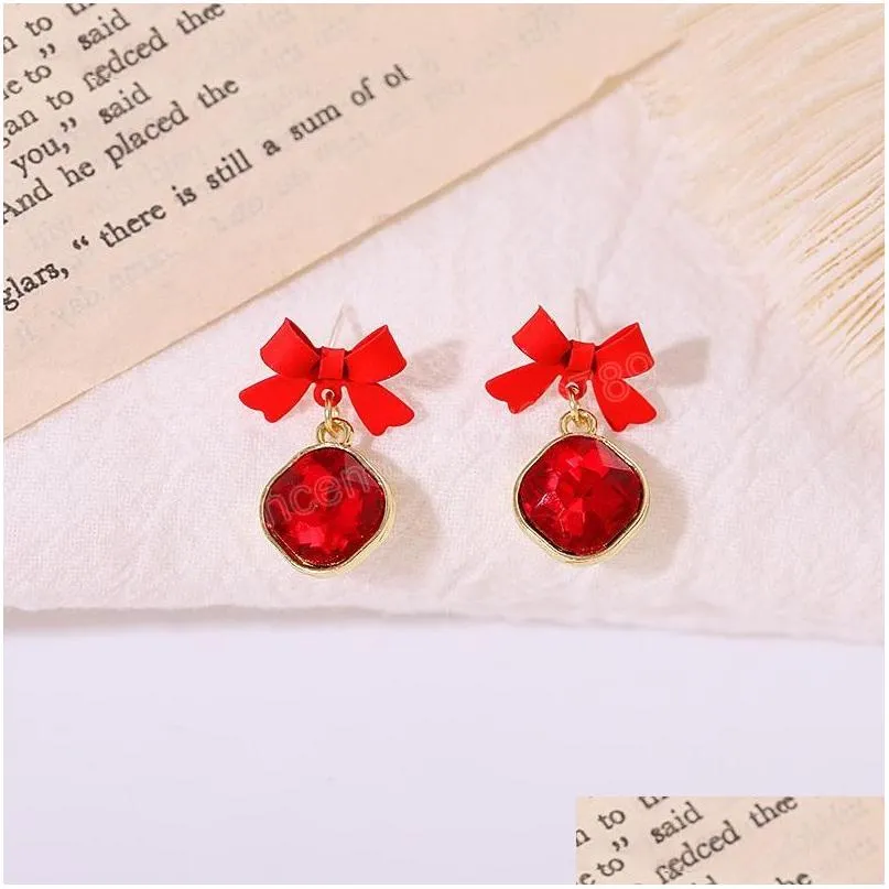 Dangle Lustre Bijoux De Mode S925 Sier Boucles D'oreilles Pour Les Femmes Noir Rouge Bowknot Rétro Llight Luxe Tempérament Strass Diamon Dhnc2