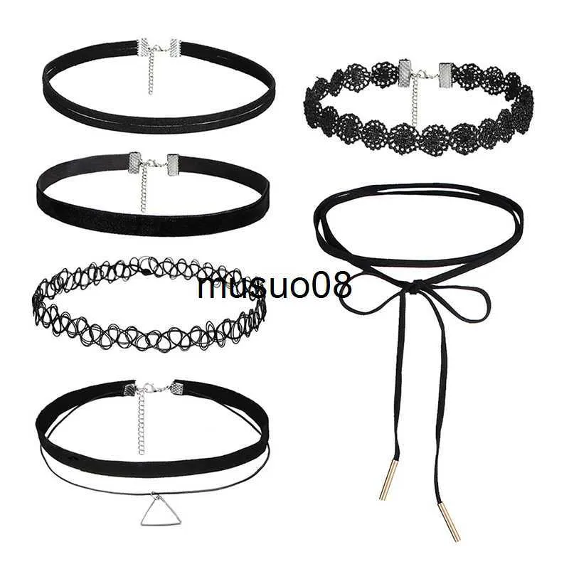 Hanger Kettingen 6 stks/set Gothic Tattoo Zwart Kant Leer Fluwelen Collier 90S Punk Stijl Choker Kettingen Vrouwen Kraag Femme chocker Sieraden J230601