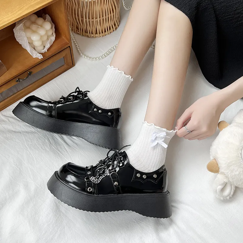 Big Head Black Single Shoes Womens Spring and Summer New Retro Thick Bottom British Style Chain Large Size Small Leather Shoes