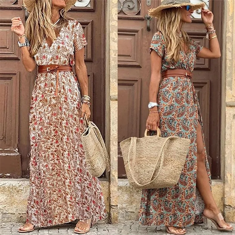 Podstawowe sukienki swobodne kobiety boho długa sukienka moda Paisley print v szyja sukienki z krótkim rękawem Letni pasek na brzeg elegancką spódnicę szczelinową 230531