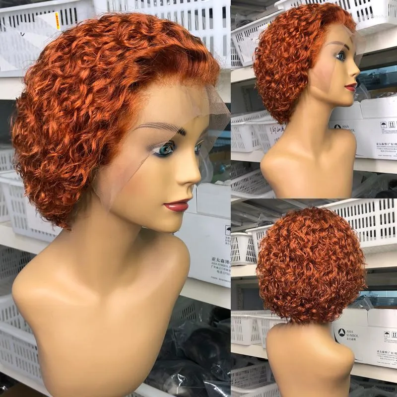 Pixie Cut Anteriore Del Merletto Parrucca Dei Capelli Umani Zenzero Arancione Ricci Colore Pre Pizzicato Nodi Candeggiati Corto Bob 13x4 180% Brasiliano Remy