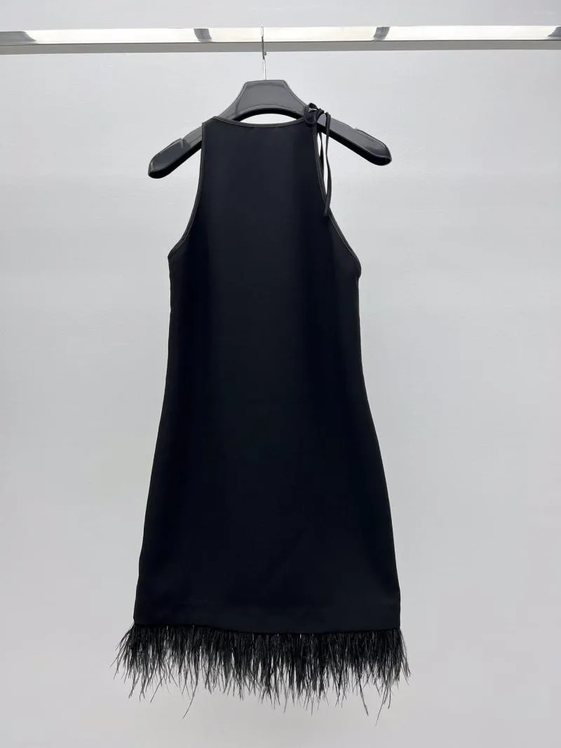 Casual Dresses Hanging Neck Lace-up Ostrich Fur Little Black Dress