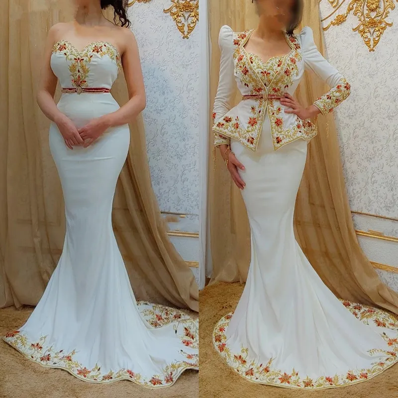 Vintage Algerijnse outfits Karakou galajurken met jas met lange mouwen Gouden borduursels Kristallen zeemeermin avondjurk