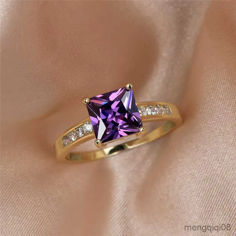 Bandringen Charm Vrouw Purple Crystal Ring Yellow Gold Color Wedding For Women Big Square Engagement