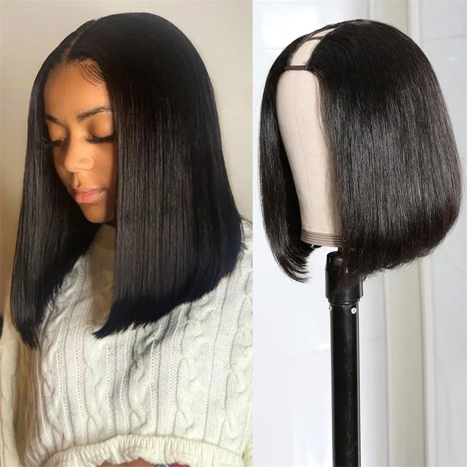 150Density U Part Wig Human Hair Indian Straight Short Bob Wigs For Women Remy Glueless V Part Machine Made Wig Natural Color