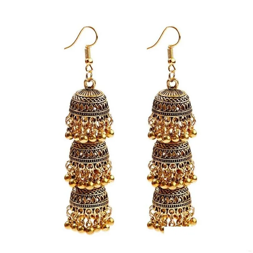 Dangle Lustre Rétro Bollywood Kundan Jhumka Jhu Threelayer Boucles D'oreilles Pour Les Femmes Boho Ethnique Gypsy Mode Porter Jewe Dhbq0