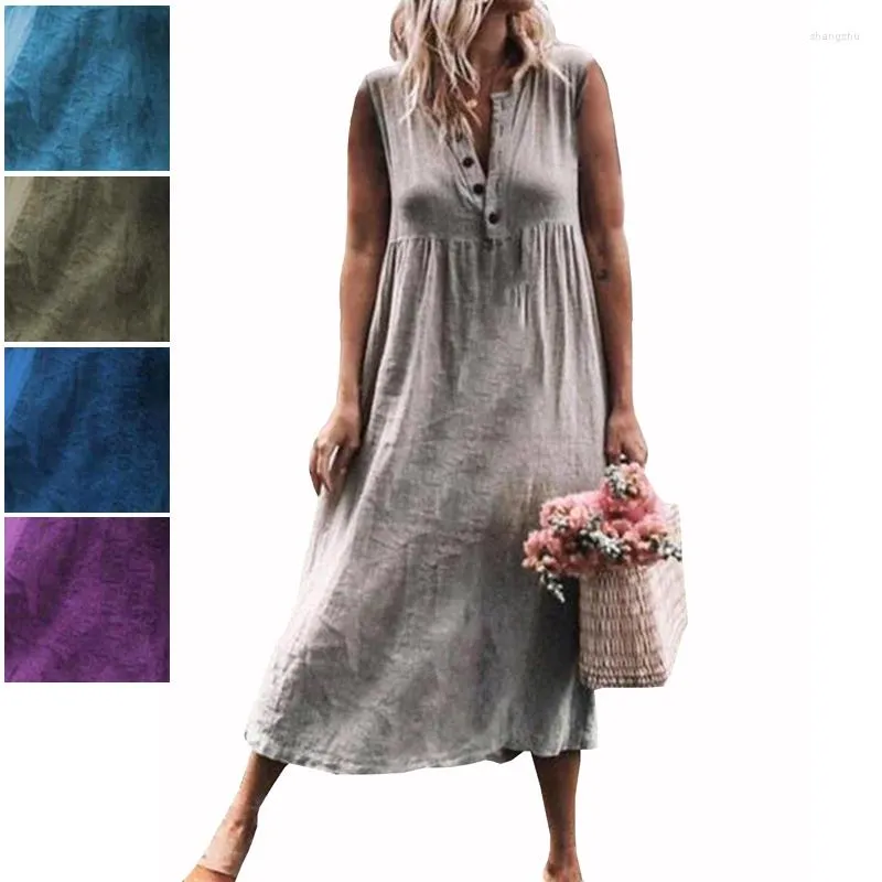 Casual Dresses Cotton Linen Summer Dress Plus Size Solid Color Sundress Women Loose Long V-neck Beach Sleeveless Ladies