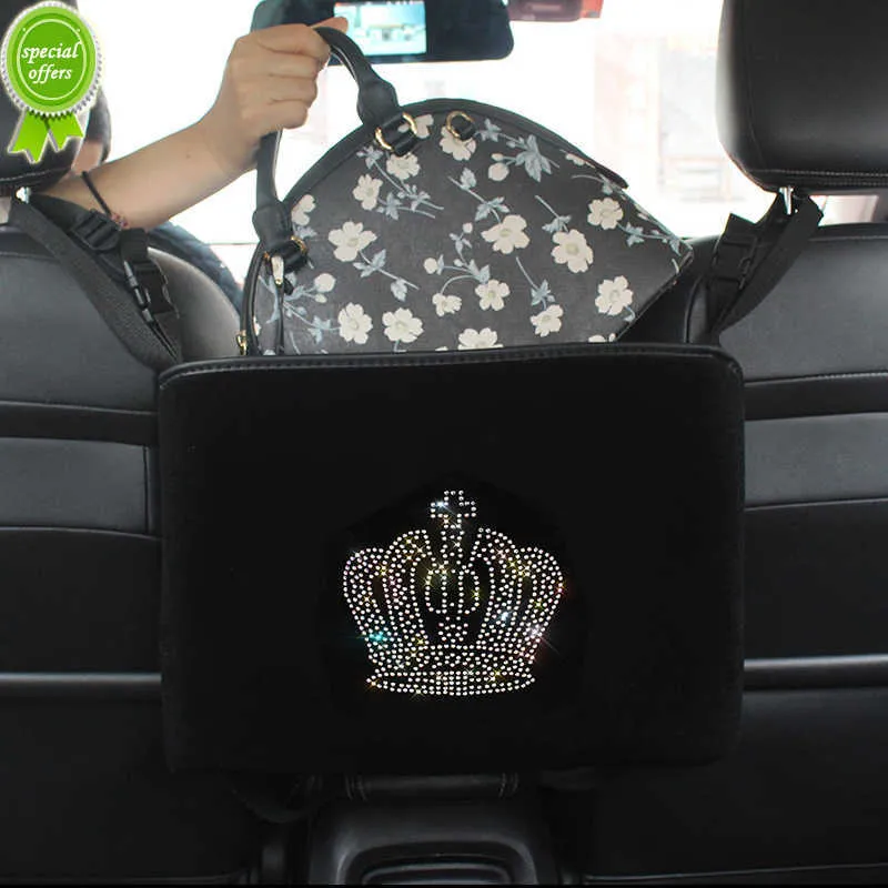 New Diamond Crown Car Storage Bag Hanging Rhinestone Auto Organizer Pocket Barrier of Backseat Holder Car Container Stowing Tidying