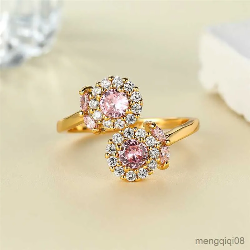 Bandringar Elegant Pink Zircon Sun Flower Ring Luxury Crystal Round Opening Trendy Gold Color Engagement for Women Jewelry