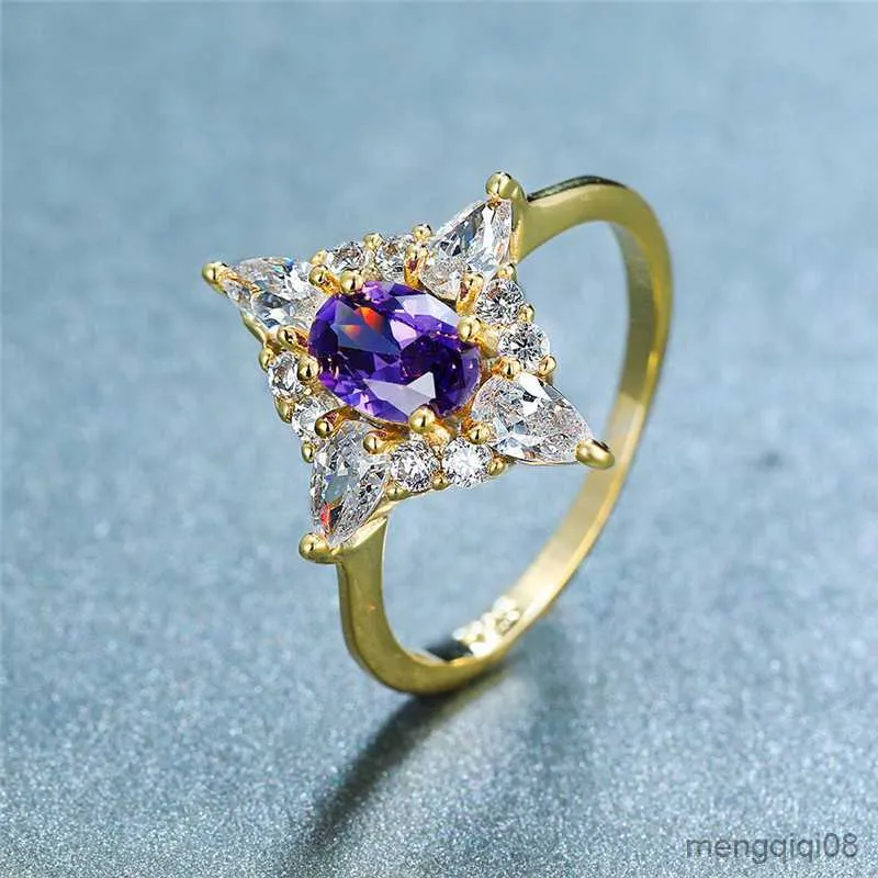 Bandringe Eleganter weiblicher Kristall-Lila-Oval-Ring Niedlicher Gelbgold-dünner Hochzeitsring für Frauen Braut Geometrische Verlobung