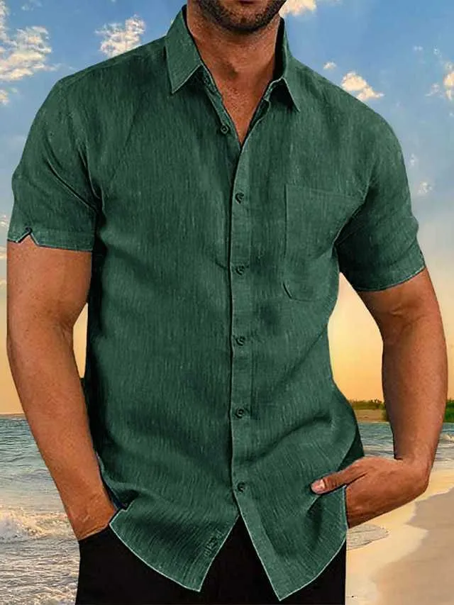 Men's Linen T-Shirt Summer Shirt Beach Shirt Black White Green Short Sleeve Plain Collar Daily Hawaiian Clothing Apparel