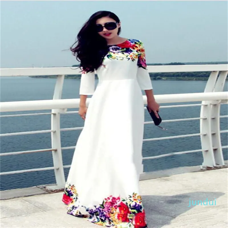 Fashion Long Women Party Dresses White Floral Print Maxi Boho Beach Dress Plus Size Robe Casual Vestido Longo Ropa Mujer