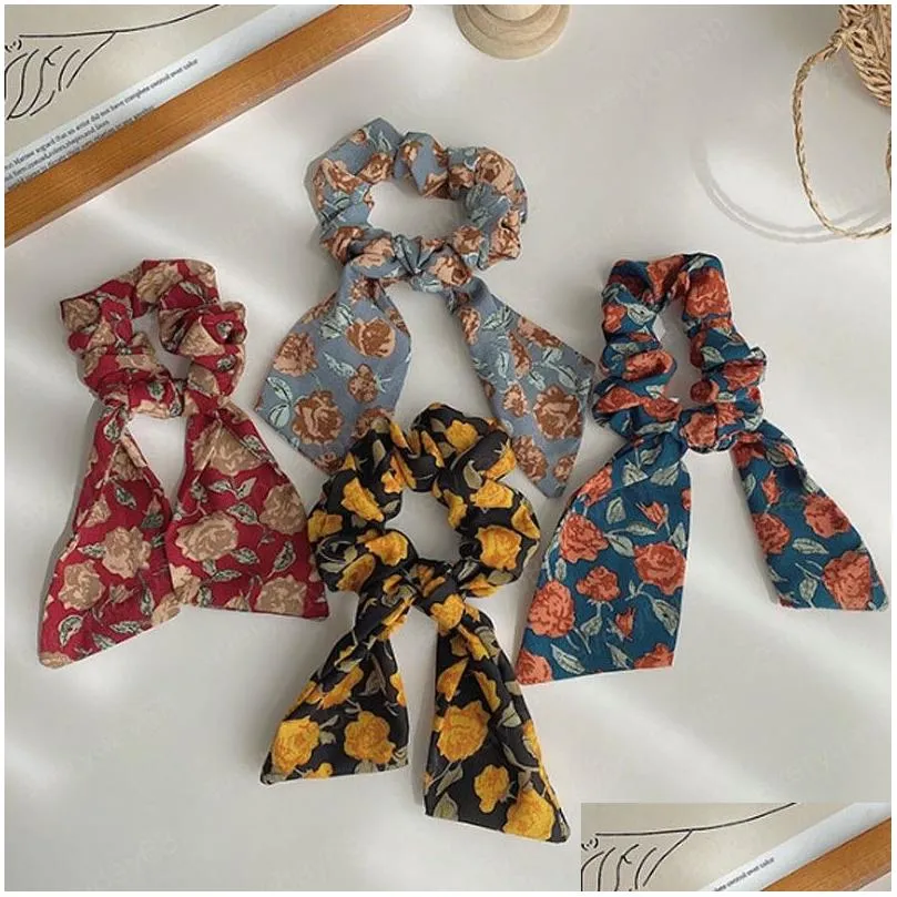 Hair Rubber Bands Floral Print Scrunchies Elastic Vintage Bow Knotted Rope Diy Ponytail Hoder Tie Accessories Drop Delivery Jewelry Dhq1R