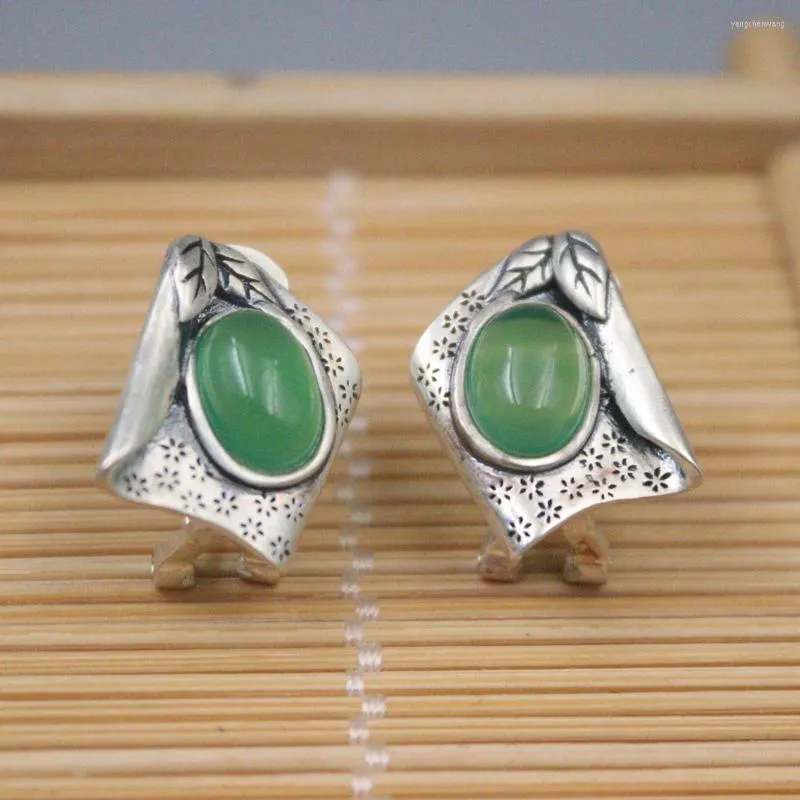 Boucles d'oreilles à tige en argent sterling S925 pur pour femme feuille de calcédoine verte mode levier 15 13 mm