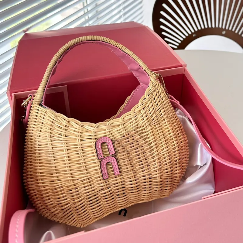 Handbag Summer Straw Bag Vegetable Basket Half Moon Shoulder Bags Hollow Out Rattan Weaving Leather Travel Beach Purse Cell Phone Pocket Removable Strap Cross Body