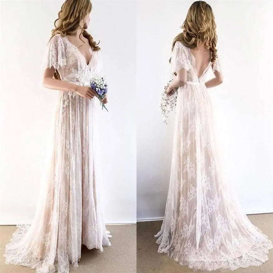 Summer Bohemian Lace Wedding Dresses Sexy V Neck Backless A Line Appliqued Boho Wedding Gowns Plus Size Forest Garden Robe de sori291E