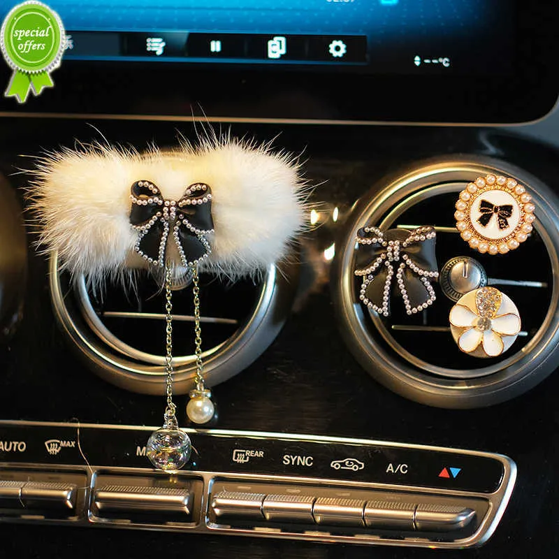 Ny Fashion Pearl Mink Fur Bow Car Air Freshener Outlet Vent Clip Bowknot Crystal Tassels Car Parfym Solid Diffuser biltillbehör