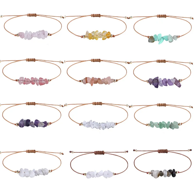 European and American Popular Irregular Gravel Raw Stone Braided Wax Thread Bracelet Bohemian Style Tiger Eye Amethyst Beach Bracelet