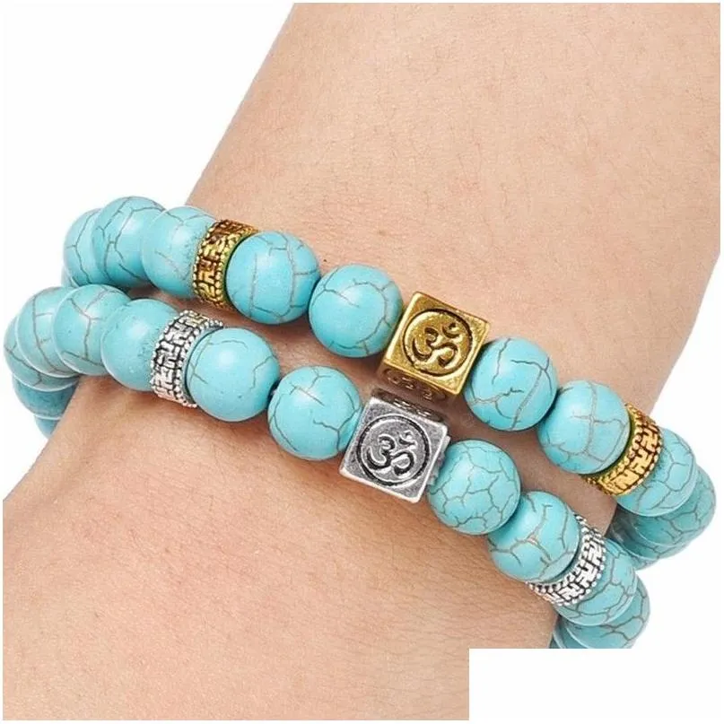 Perlé 8Mm Yoga Strands Bracelet Gemstone Turquoise Perles Ancient Sier Gold Box Bracelets En Pierre Naturelle Pour Femmes Hommes Mode Drop D Dhhed