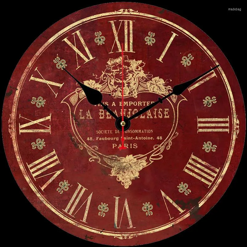 壁の時計Rihe Red Roman Numeralsリビングルームのためのサイレント装飾木製段ボール時計アラビア語