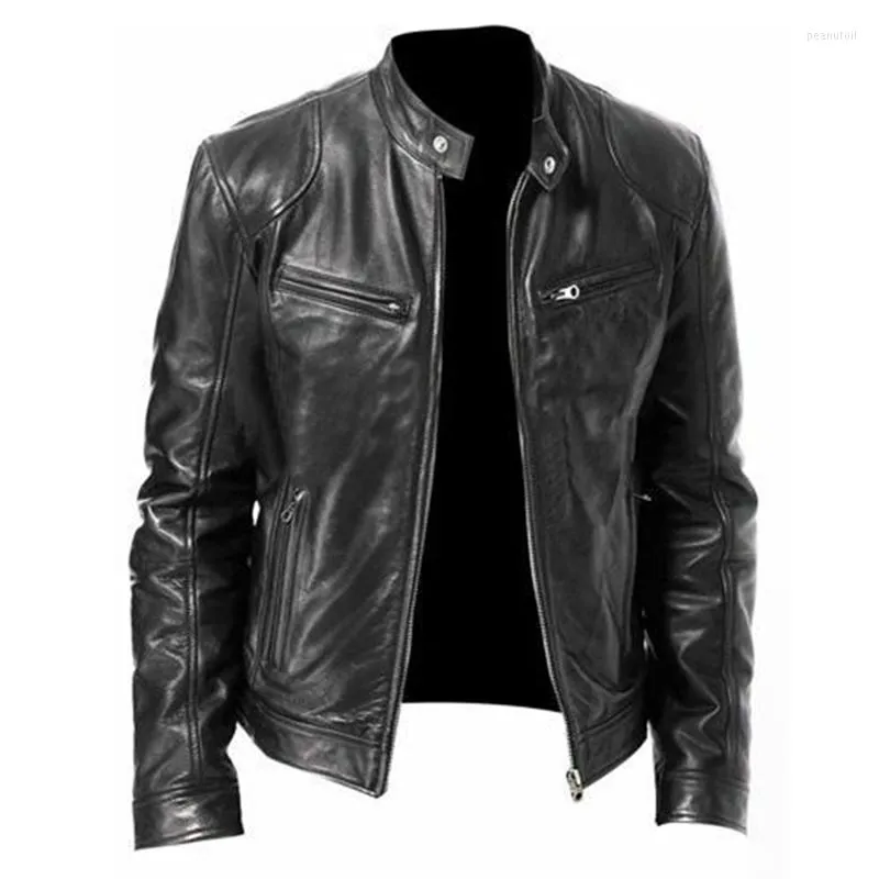 Herrjackor 2023 Autumn Male Leather Jacket Black Brown Mens Stand Collar Coats Biker Motorcykel