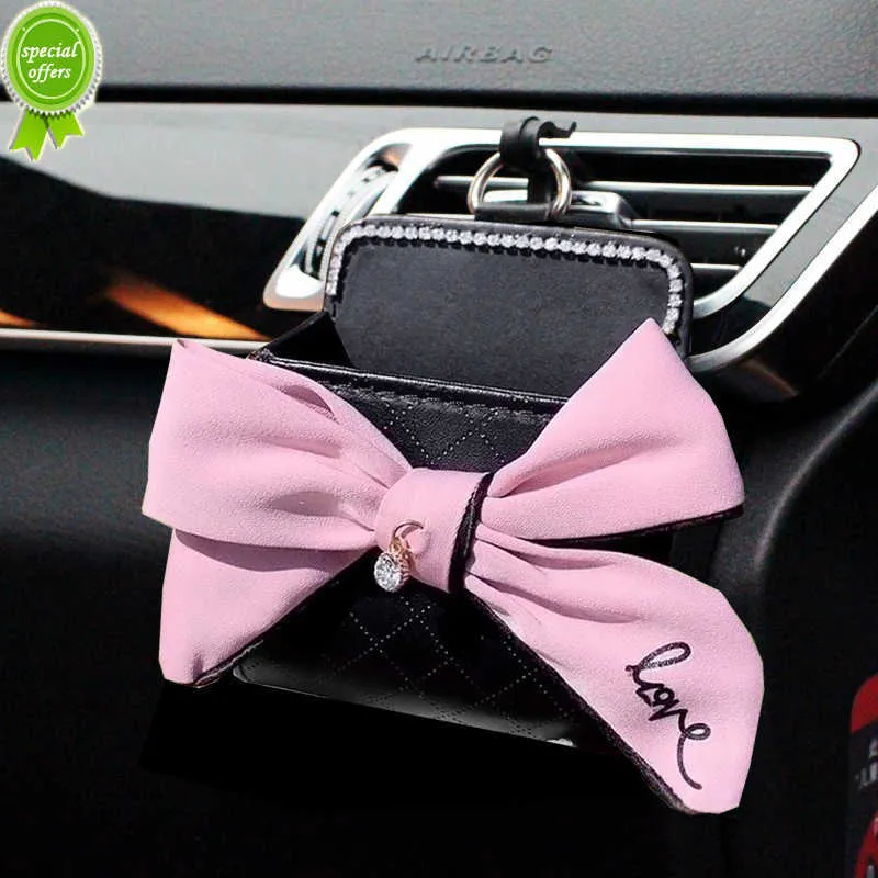 New Cute Diamond Bowknot Car Vent Outlet Trash Box Leather Car Mobile Phone Holder Storage Bag Organizer Auto Hanger Box Car Styling