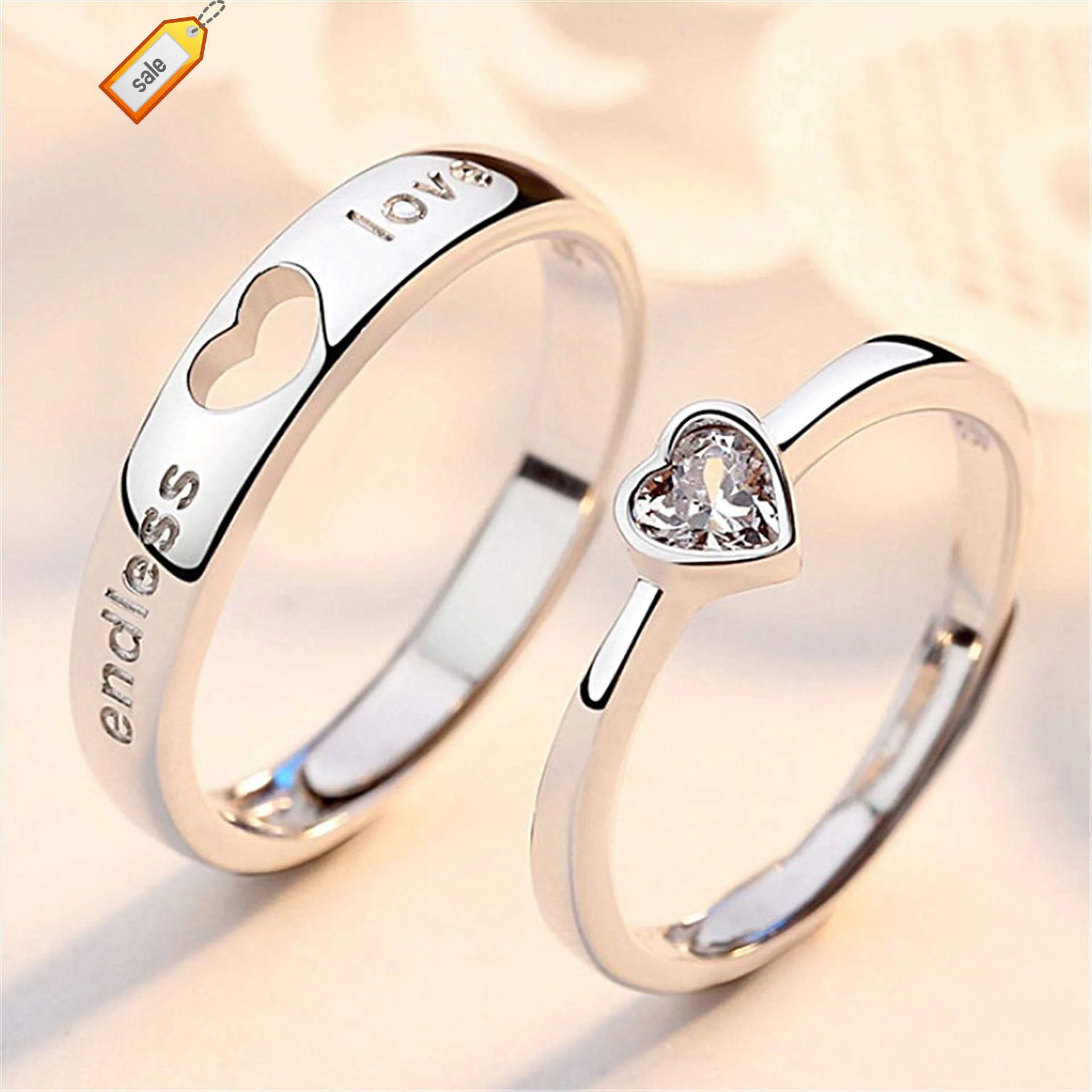 Couple anneau hommes femmes creux coeur diamant bague ove cadeau zircon pierre cuivre ouvert paire anneau