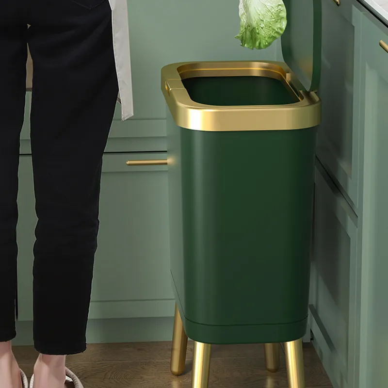 Waste Bins Luxury Golden Trash Can Largecapacity Bin for Kitchen Bathroom Highfoot Pushtype Plastic Garbage Compost 230531