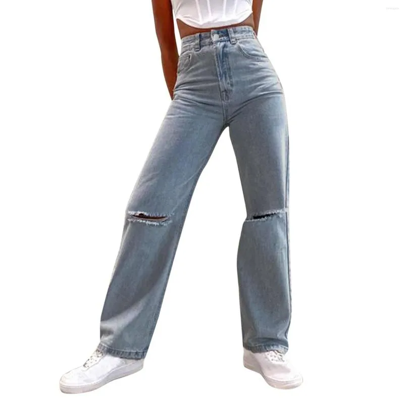 Jeans Femme Classique Décontracté Denim Poches Pantalon Droit Pantalon Taille Moyenne Bleu Filles Coupe Distressed