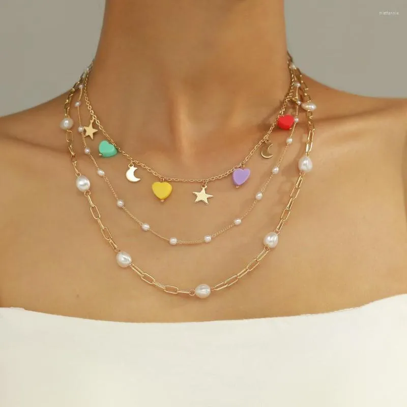 Pendant Necklaces Fashion Gold Plated Chain Star Moon Cartoon Sun Heart Necklace For Women Female Boho Multilevel Artificial Pearl Jewelry