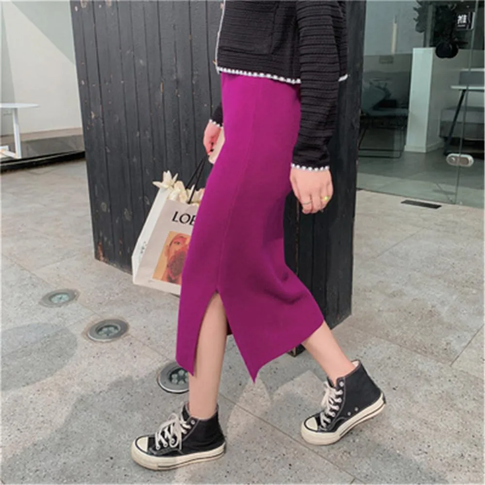 Dresses 2021 Korean Style Beige Black Green Purple Tube Skirt Women's Knit Straight Skirt with Slit High Waist Long Pencil Skirt Womens