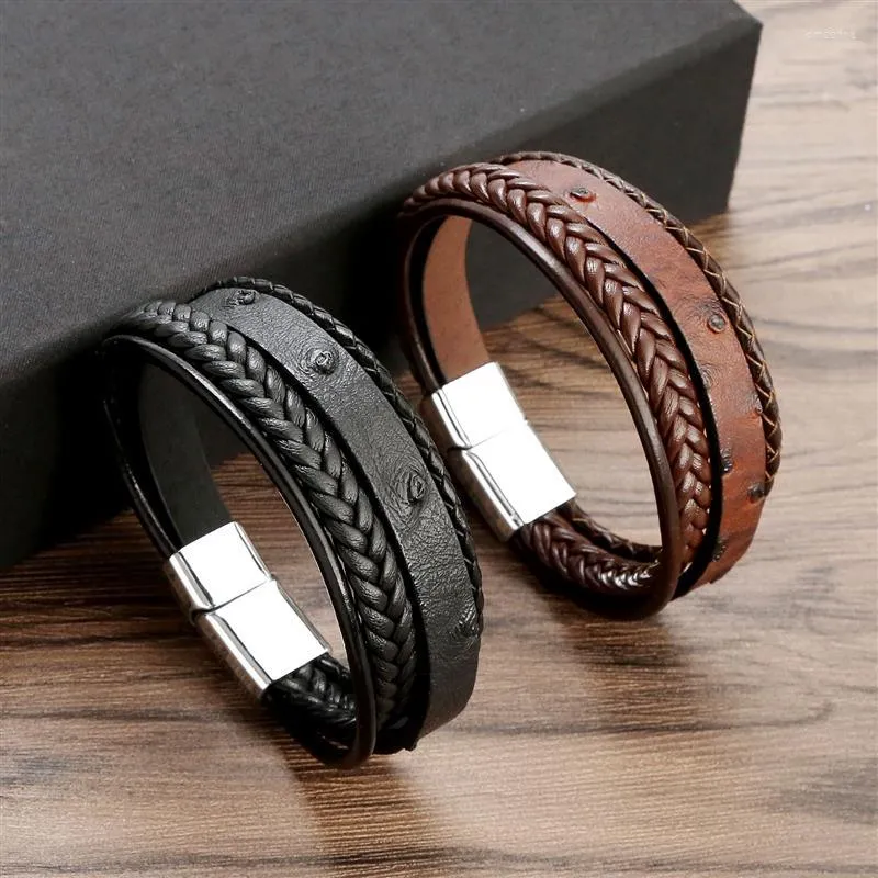 Bracelets porte-bonheur hommes cuir multicouche noir marron couleur tressé corde bracelet Vintage Punk unisexe bijoux bracelet cadeau 19/21/23 cm