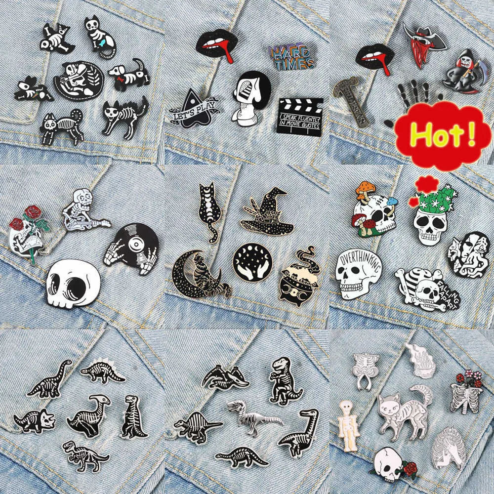 4-7pcs broches de style punk cool squelette crâne animal dinosaure chat dark émail insigne gothic shirt épingle bijoux bijoux cadeau en gros