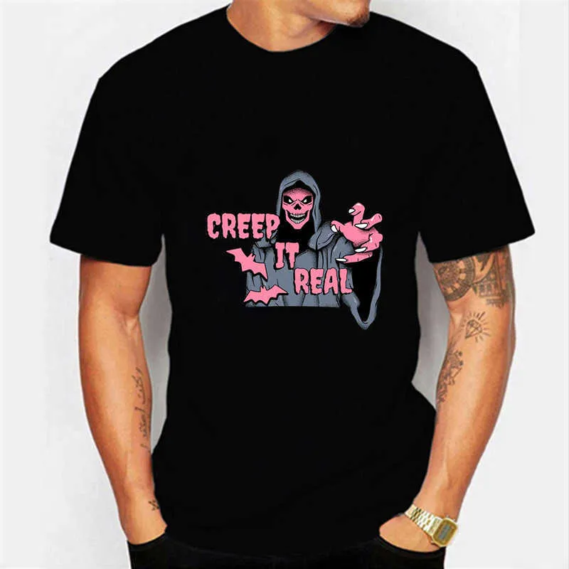 T-shirts Creep It Real Print T-shirt unisexe en coton à manches courtes pour hommes Horror Skull Graphic Plus Size P230601