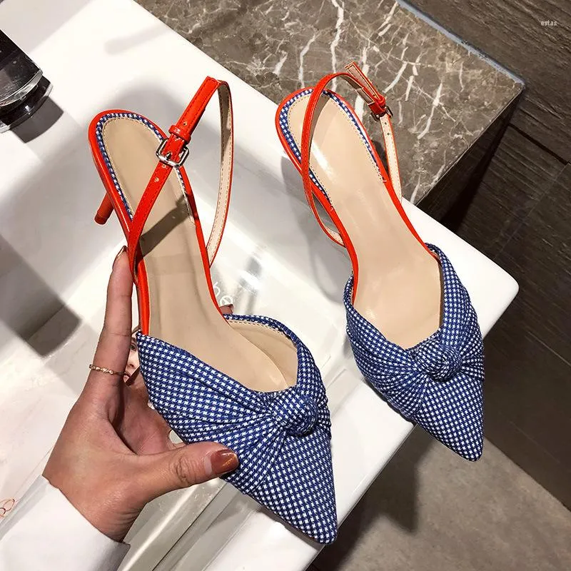 Sandaler 2023 Stilleto High Heels Shoes Ladies Office Party Traf Pointed Toe Ankel Strap Pumpar Women Gingham Cloth Bow Sandalias