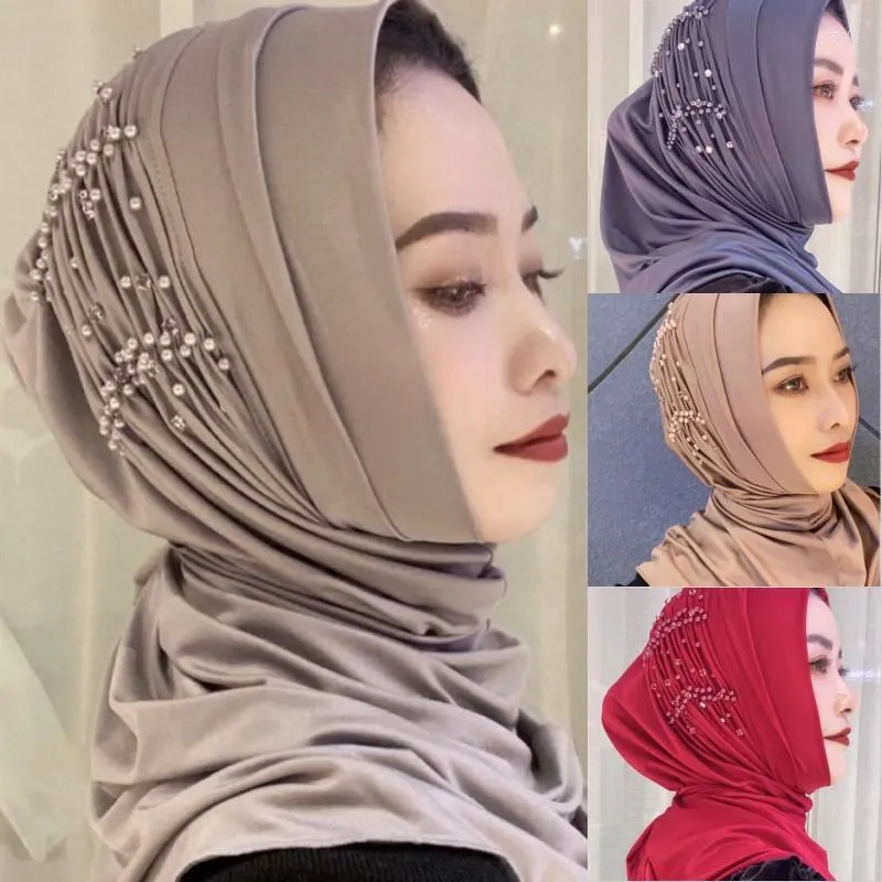 Sciarpe Arab Islam Donna Foulard Copricapo Moda Ramadan Hijab musulmano con foro per l'orecchio Involucri di perline Turbante Cappellini Sciarpa Amira Scialli