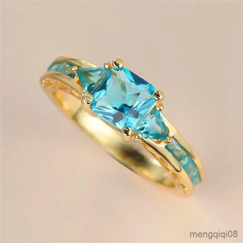 Anneaux de bande de luxe femme bleu clair cristal anneau breloque couleur or mariée promesse de mariage carré Zircon fiançailles pour les femmes