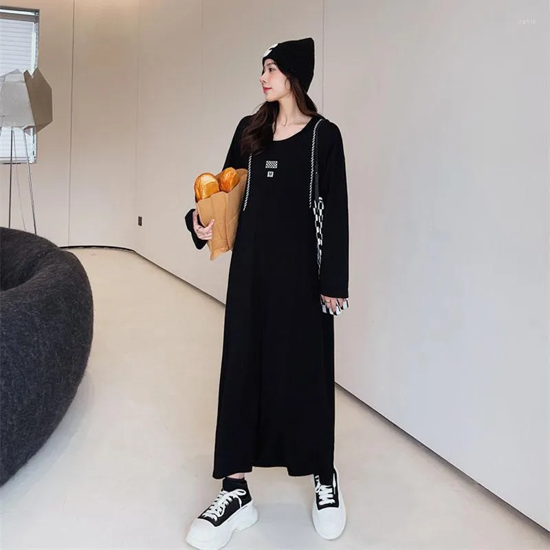 Basic Casual Dresses Robes décontractées 2023 automne mode coréenne femme robe robes coton ample grande taille sweat à capuche noir femmes Maxi Long M6k7 M6k7