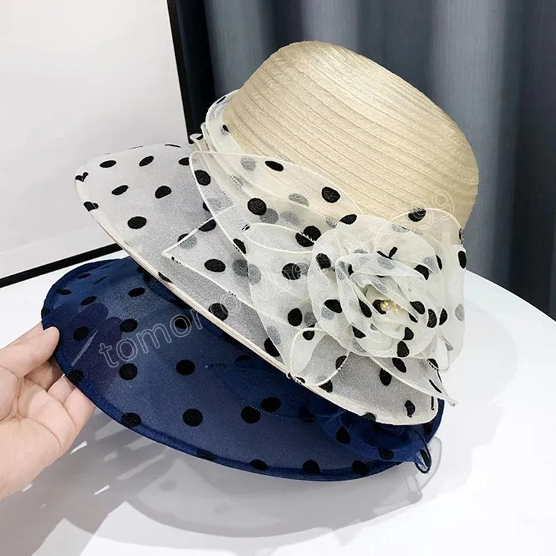 Fashion Elegant Floral Organza Dot Mesh Church Hat Women Lady Foldable Bucket Hat Wedding Party Summer Beach Sun Protection Cap